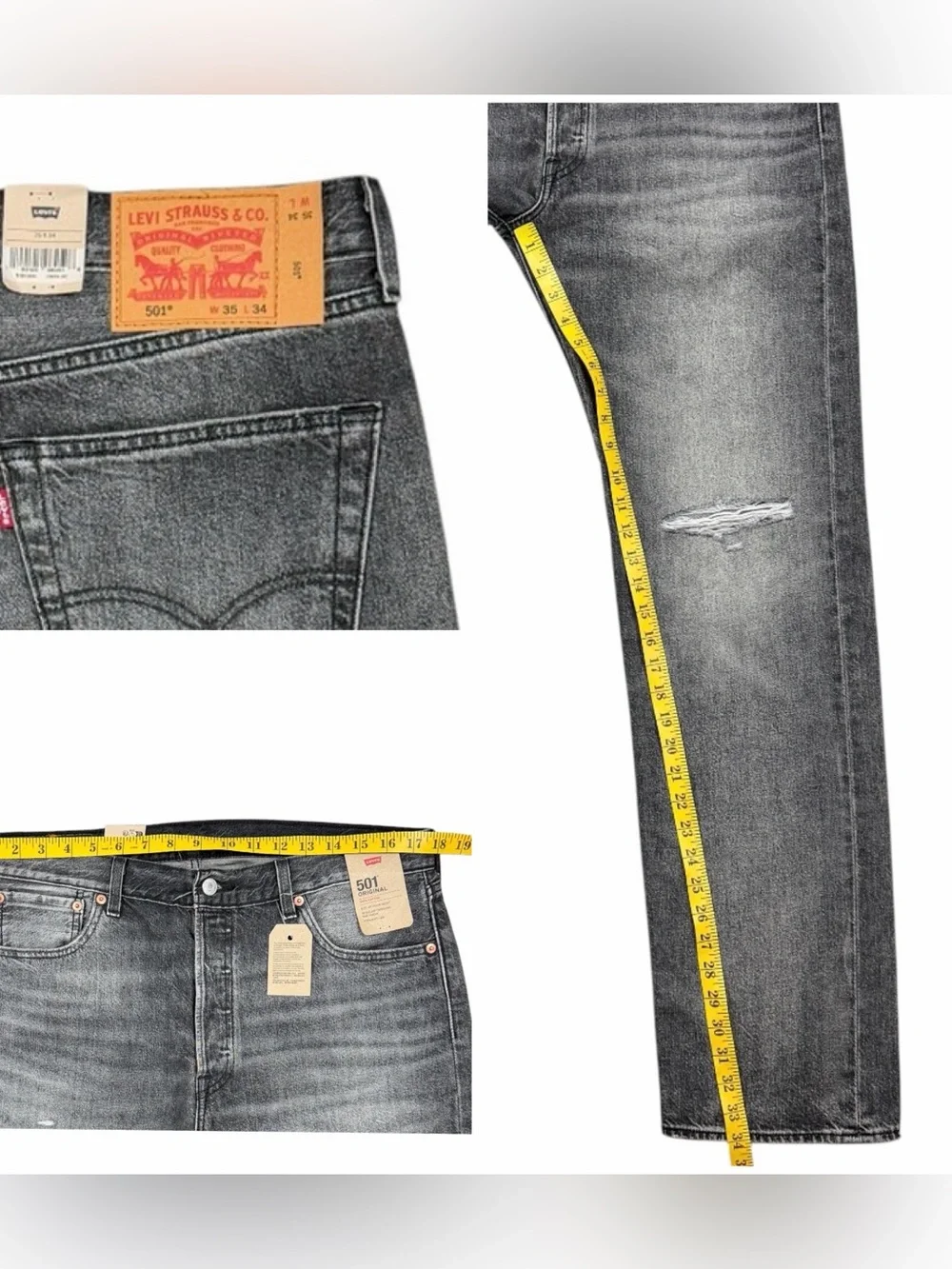 Levis Original 501 Original Straight Leg Jeans 35x34 Distressed Charcoal Gray